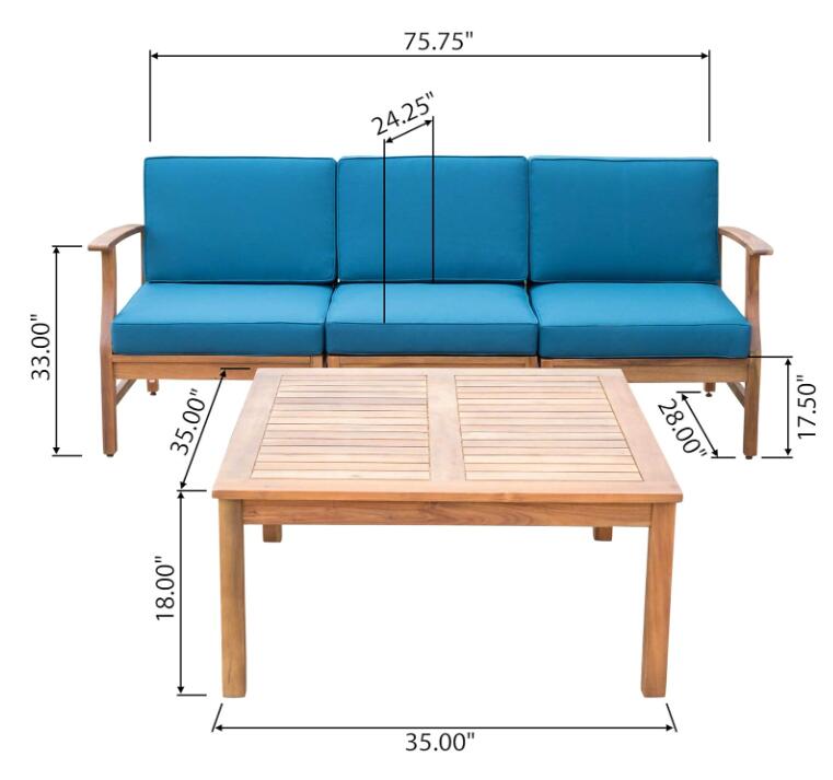 Perla Acacia Wood Outdoor Sofa and Table Set with blue cushions, 3-seat sofa HouseOfZazla on Tampa Home & Garden Store