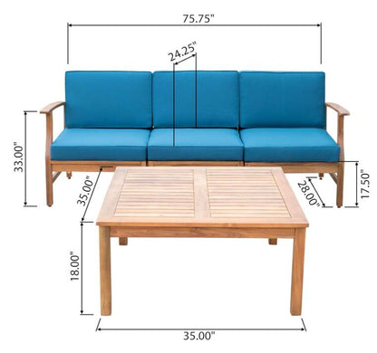 Perla Acacia Wood Outdoor Sofa and Table Set with blue cushions, 3-seat sofa HouseOfZazla on Tampa Home & Garden Store