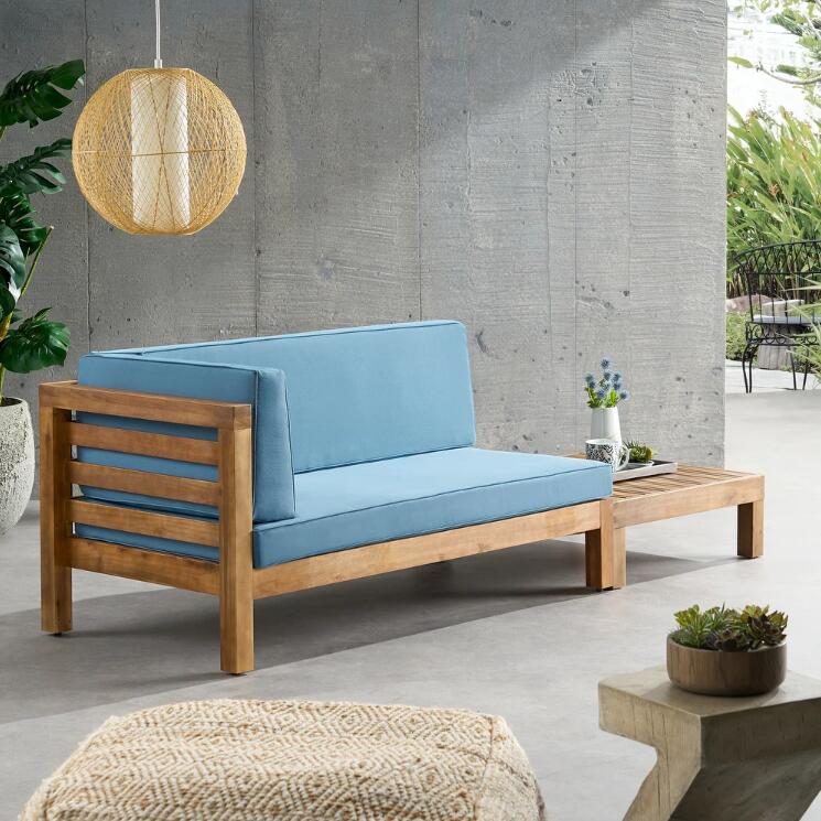 Oana Acacia wood patio seating with blue cushions by HouseOfZazla on Tampa Home & Garden Store