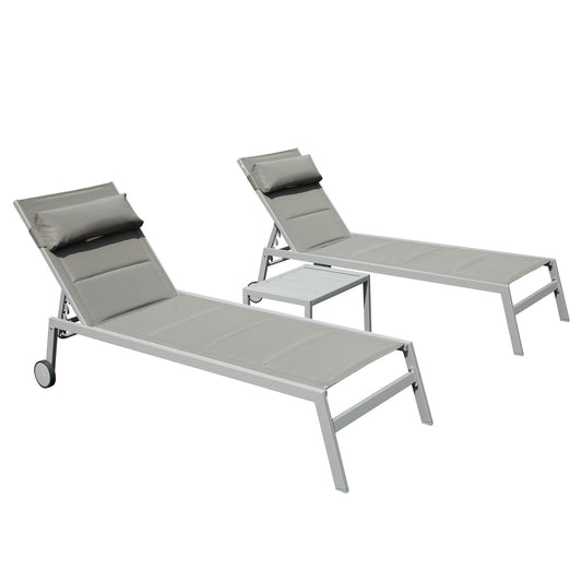 Outdoor patio chaise lounge set of 3 with side table and wheels, grey cushions on Tampa Home & Garden Store