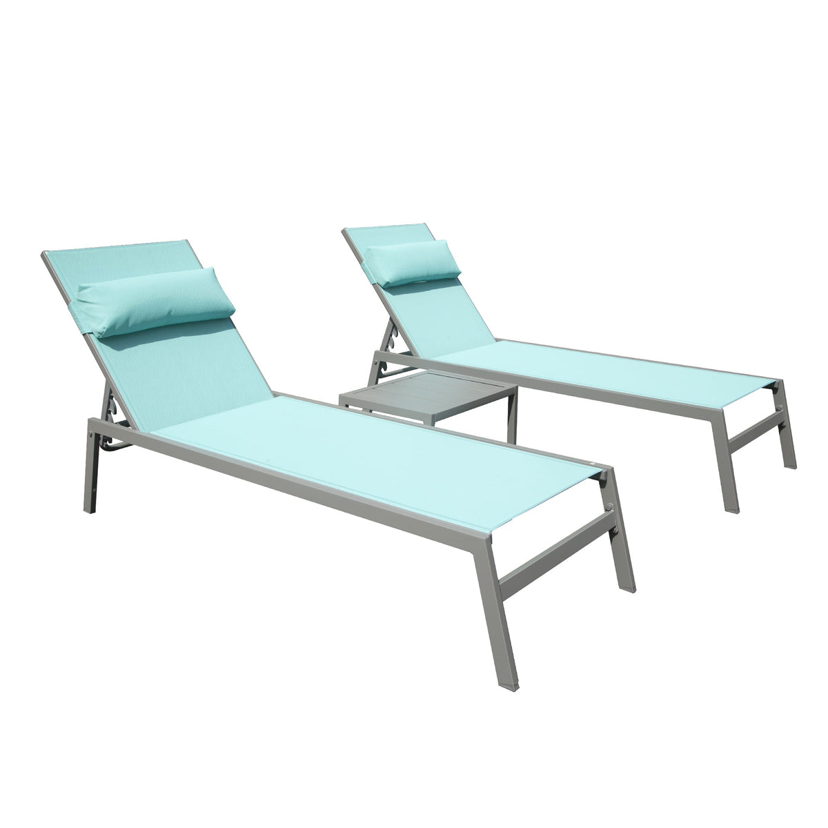 Aluminum Chaise Lounge Set of Three and Table
