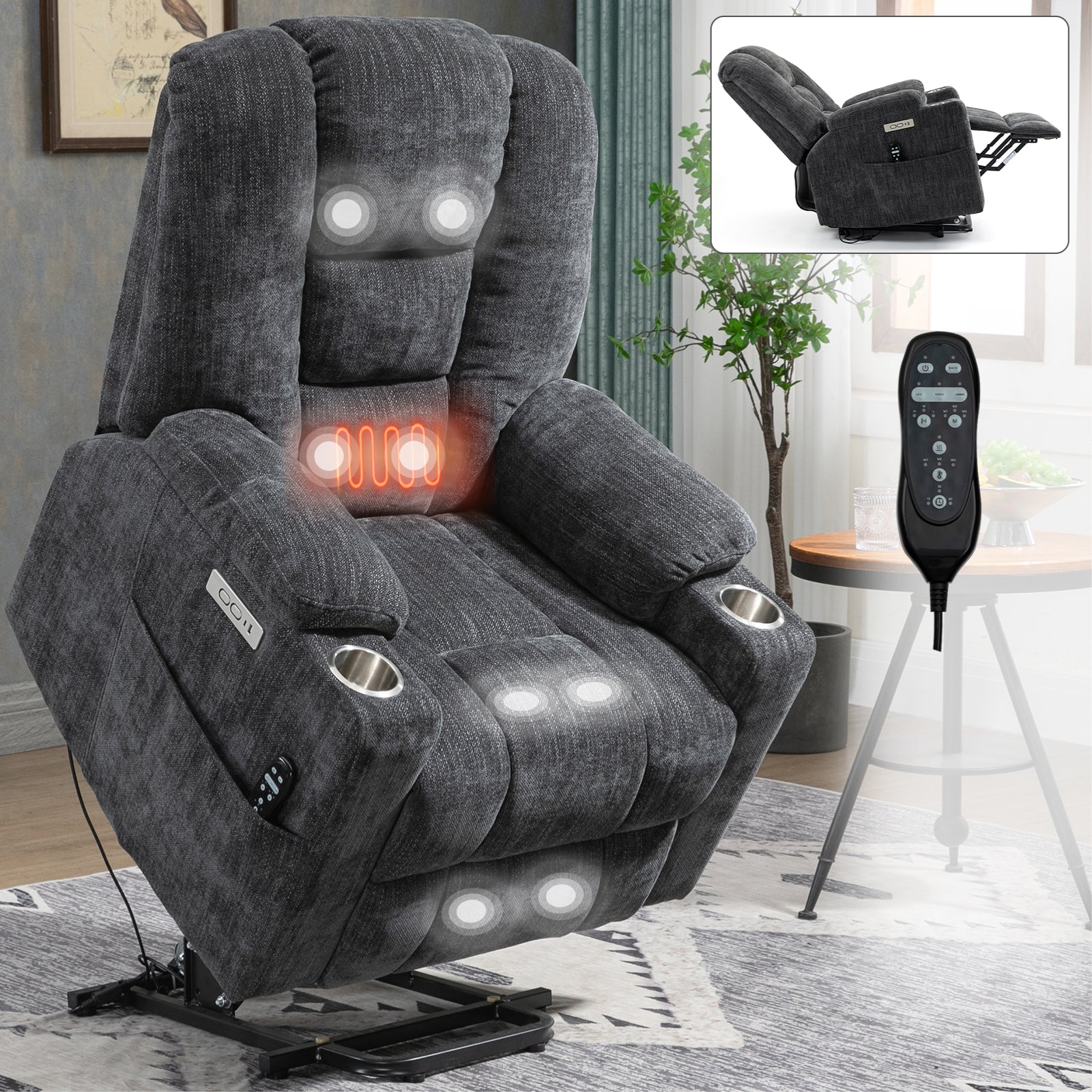 Gray power lift recliner with massage and heat by HouseOfZazla; remote, cup holders on Tampa Home & Garden Store
