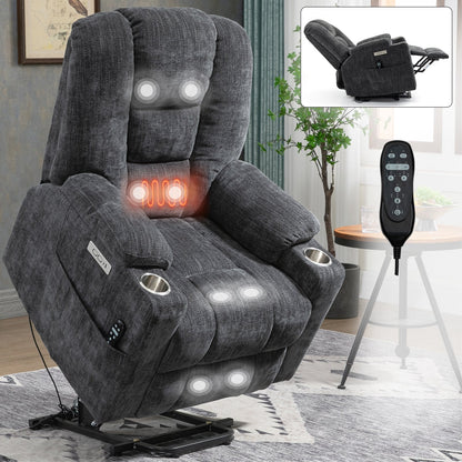 Gray power lift recliner with massage and heat by HouseOfZazla; remote, cup holders on Tampa Home & Garden Store