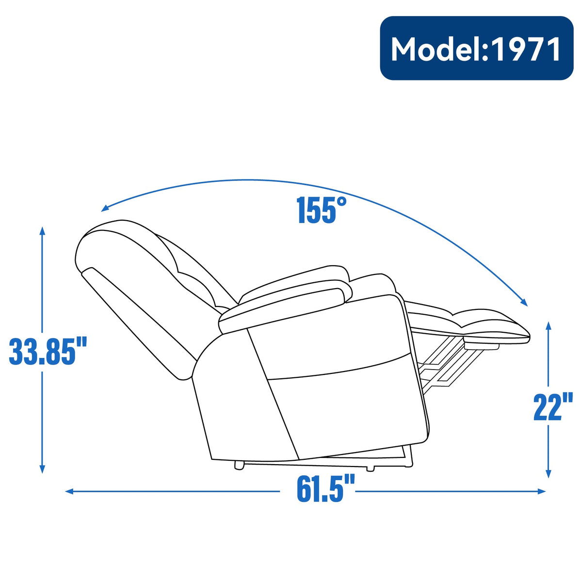 Large power lift recliner chair with massage and heat shown in blueprint style with 61.5 in wide on Tampa Home & Garden Store