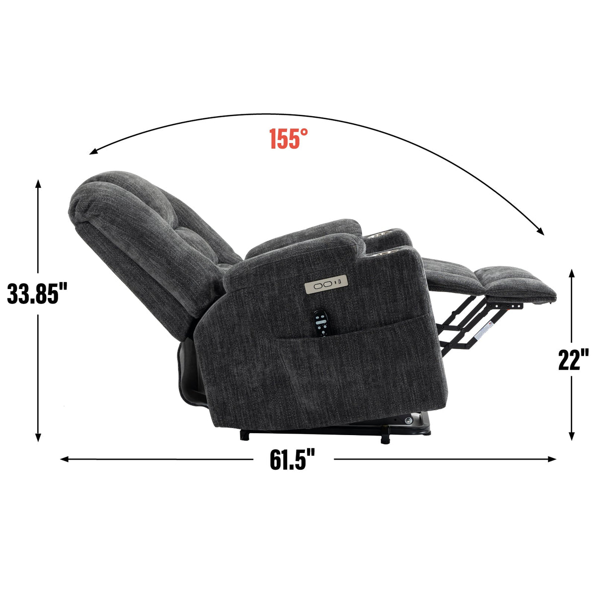 Large power lift recliner chair by HouseOfZazla with massage and heat in dark gray fabric on Tampa Home & Garden Store