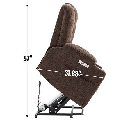 Large brown power lift recliner chair with massage and heat, side control panel on Tampa Home & Garden Store