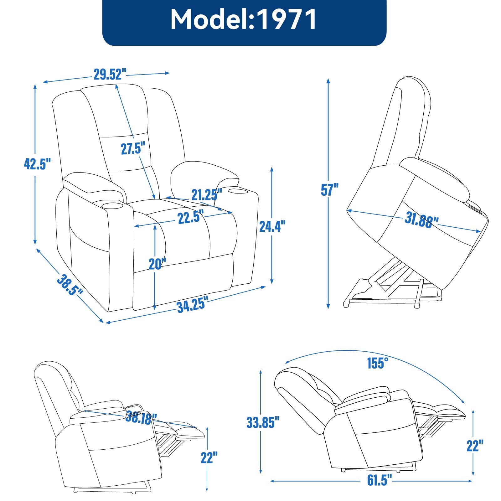 Power lift recliner with massage and heat shown in front and side views HouseOfZazla on Tampa Home & Garden Store
