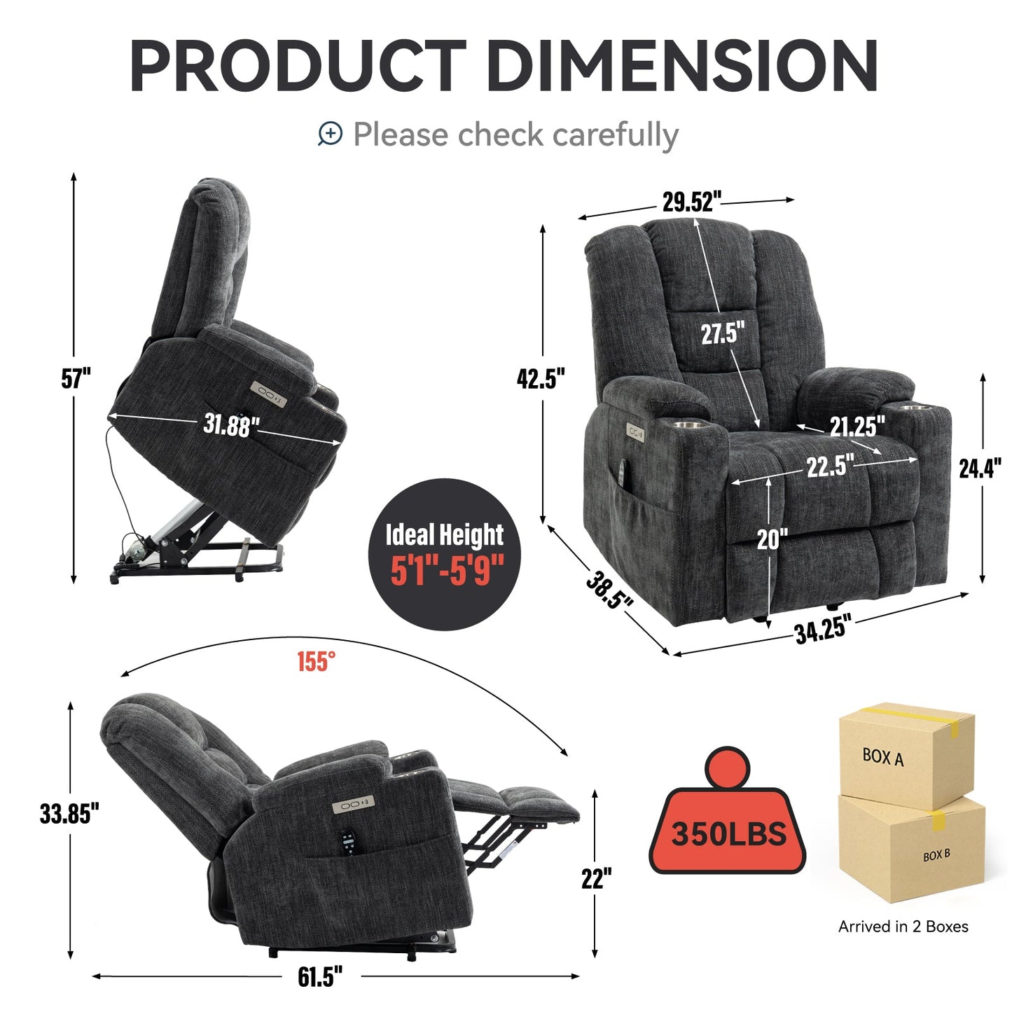 HouseOfZazla large power lift recliner with massage and heat in dark gray fabric on Tampa Home & Garden Store