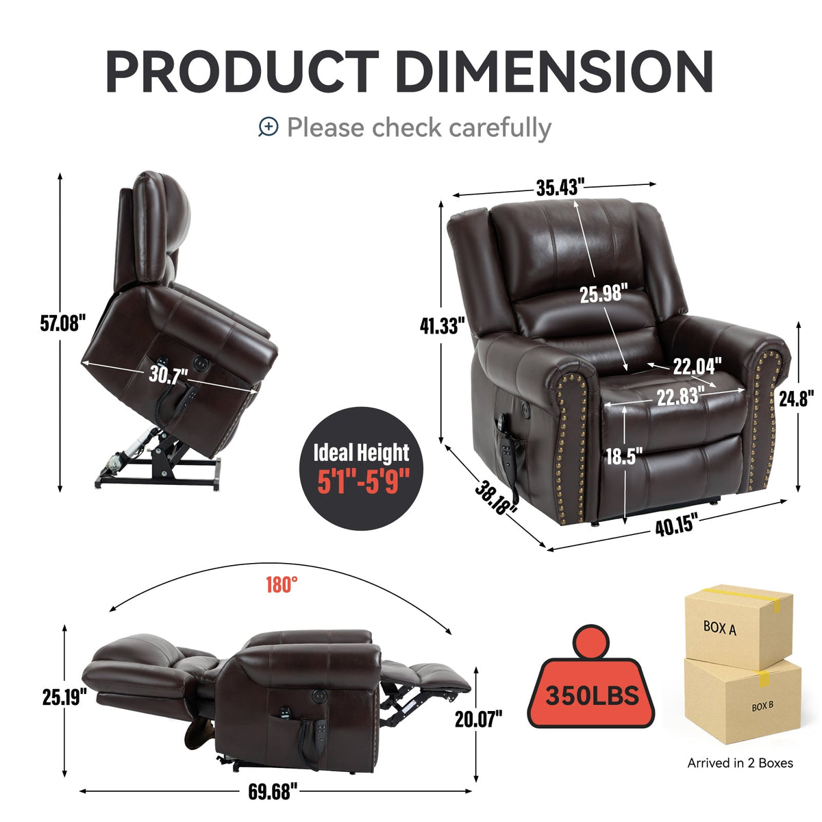 Power Lift Recliner Chair with Heat and Massage by HouseOfZazla, dark brown leather recliner with front and side views on Tampa Home & Garden Store