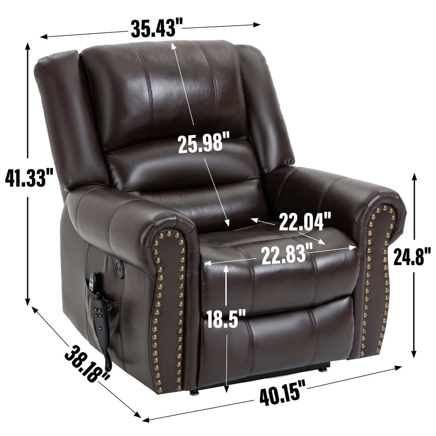 Power Lift Recliner Chair with Heat and Massage in brown leather with nailhead trim on Tampa Home & Garden Store