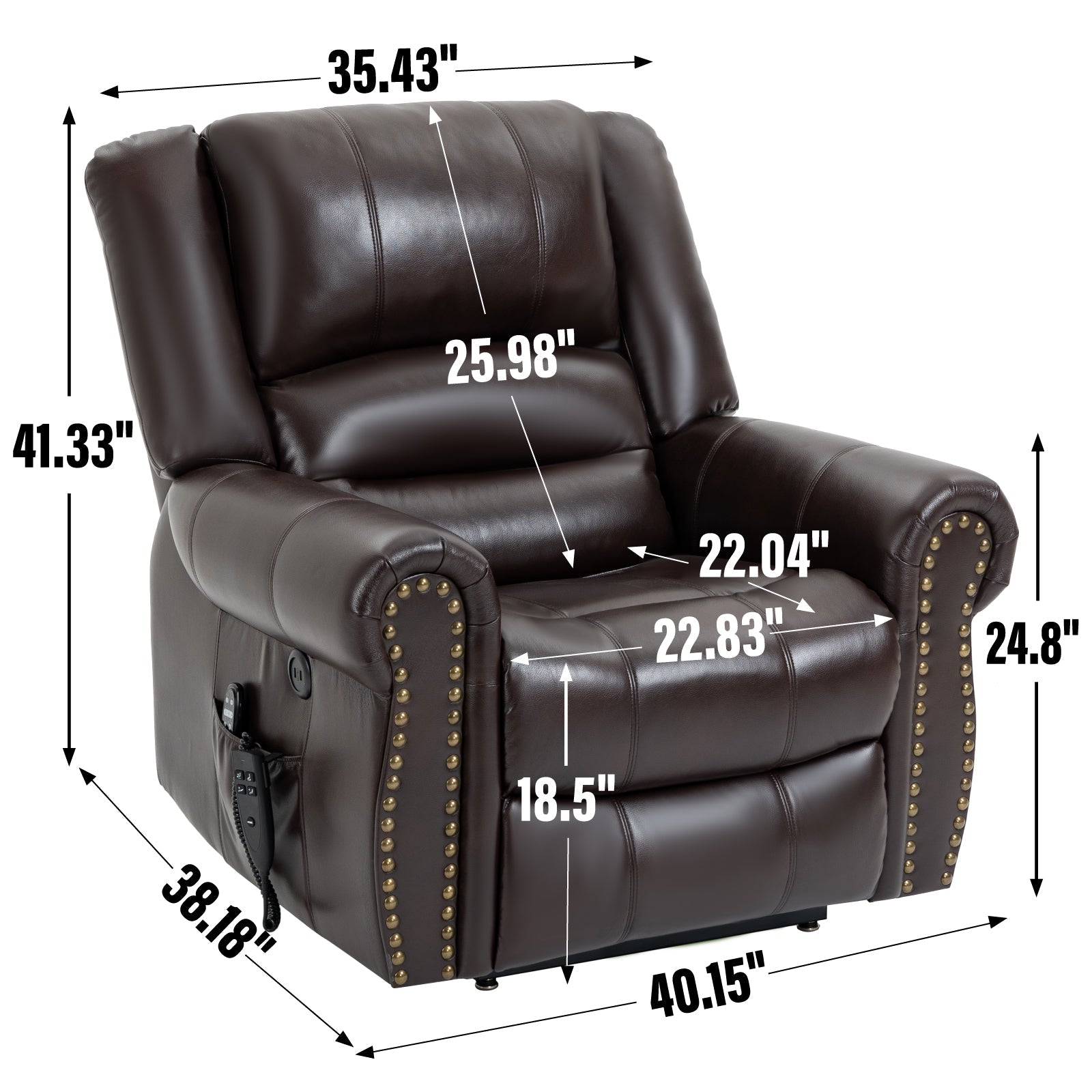 Power Lift Recliner Chair with Heat and Massage in brown leather with nailhead trim on Tampa Home & Garden Store