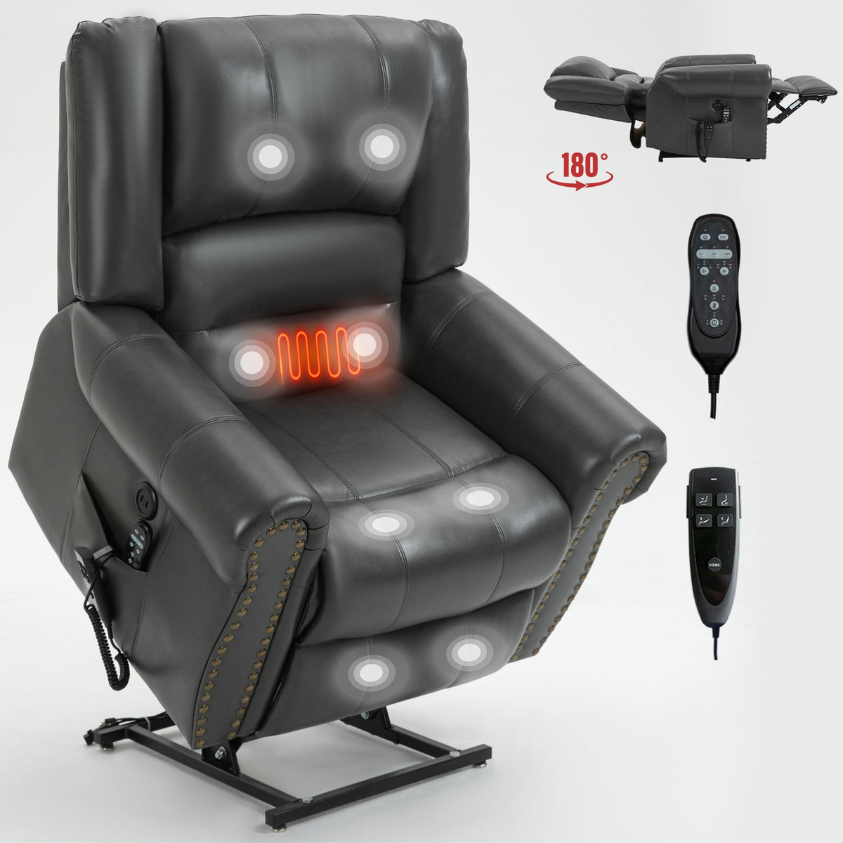 Power Lift Recliner Chair with Heat and Massage in dark gray leather HouseOfZazla on Tampa Home & Garden Store