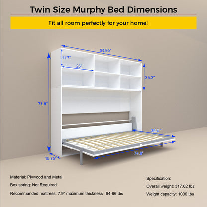 White twin-size horizontal Murphy bed with built-in shelf storage and metal frame by HouseOfZazla on Tampa Home & Garden Store
