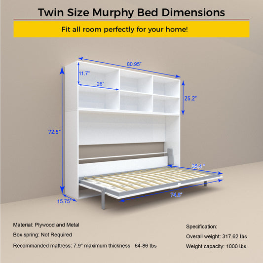 White twin-size horizontal Murphy bed with built-in shelf storage and metal frame by HouseOfZazla on Tampa Home & Garden Store