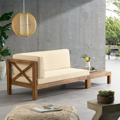 Brava left arm corner bench and 2-piece coffee table, patio set in wood with beige cushions on Tampa Home & Garden Store