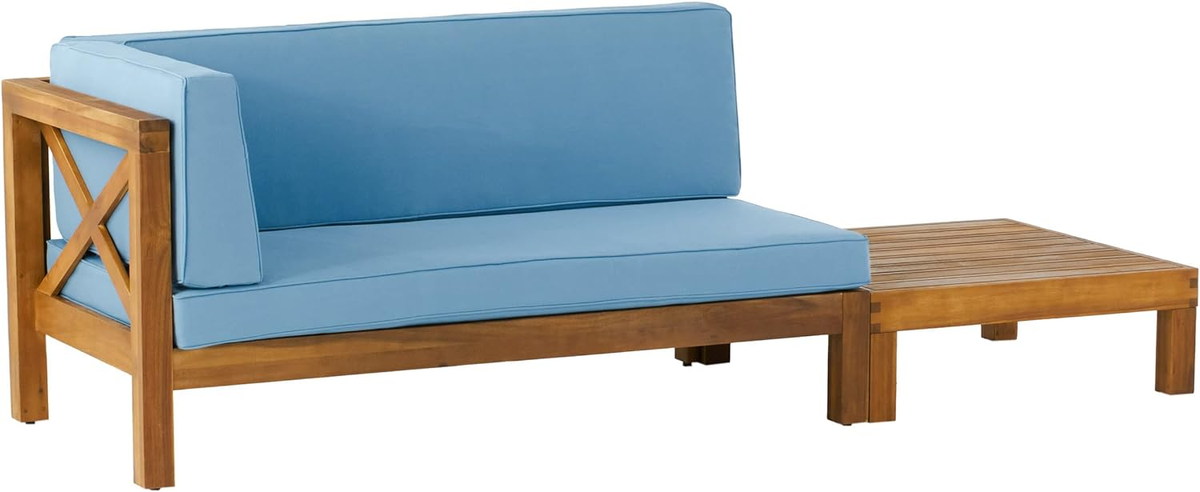 Brava left arm corner bench and coffee table set in wood with blue cushions HouseOfZazla on Tampa Home & Garden Store