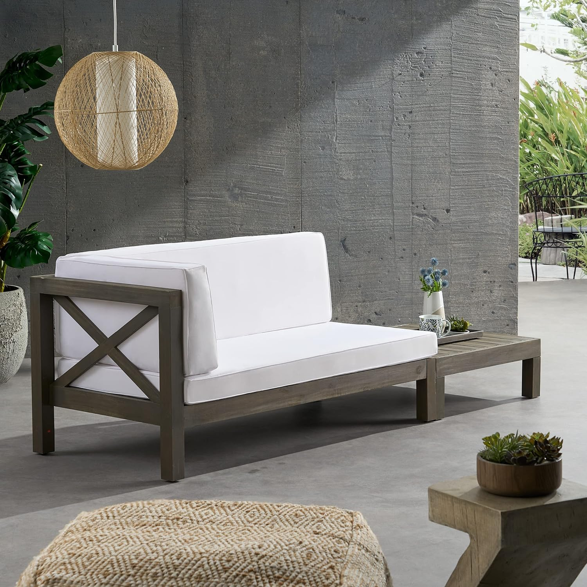 Brava Left Arm Corner Bench and Coffee Table by HouseOfZazla, gray wood frame, white cushions on Tampa Home & Garden Store