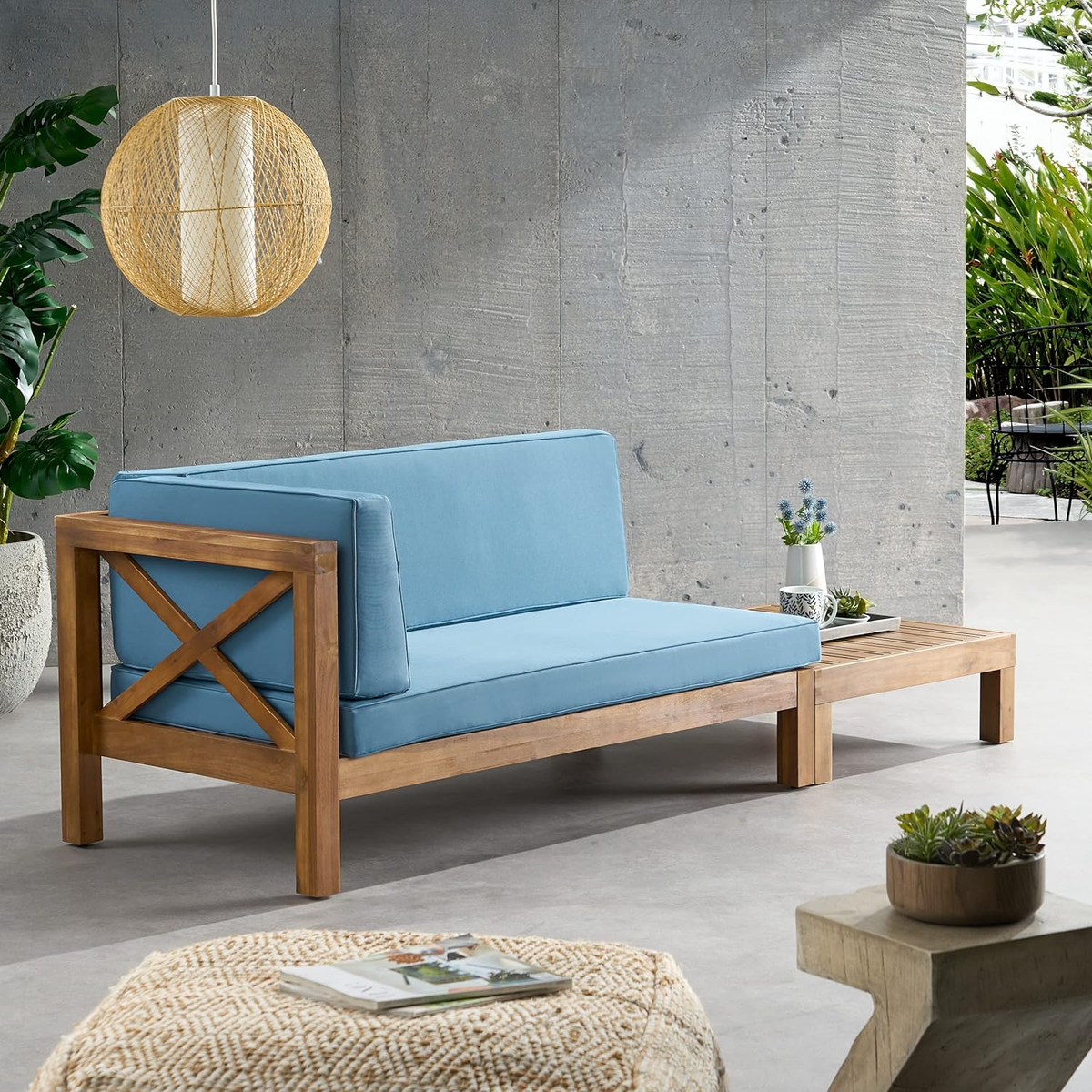 Brava Left Arm Corner Bench and Coffee Table with blue cushions and wood frame HouseOfZazla on Tampa Home & Garden Store