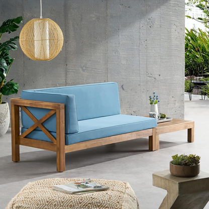 Brava Left Arm Corner Bench and Coffee Table with blue cushions and wood frame HouseOfZazla on Tampa Home & Garden Store