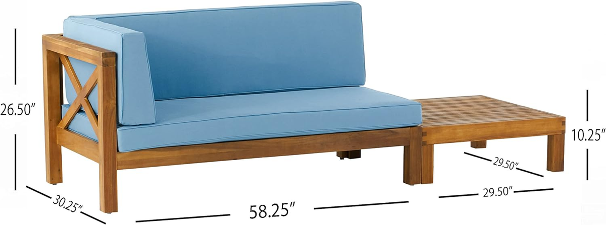 Brava Left Arm Corner Bench and Coffee Table in blue cushions on wood frame by HouseOfZazla on Tampa Home & Garden Store