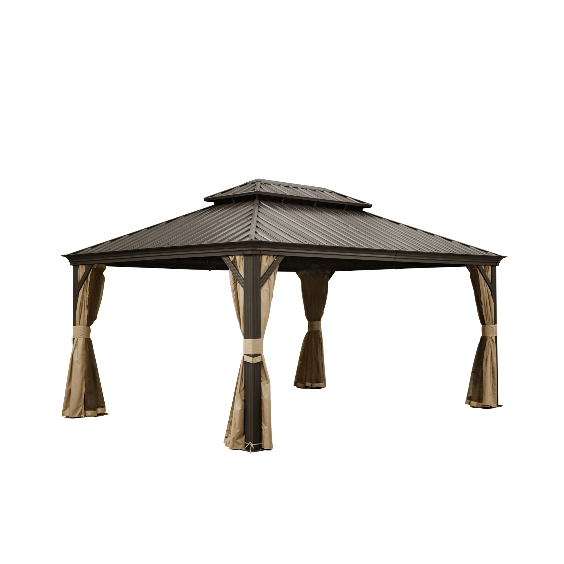 12' x 16' hardtop aluminum gazebo by HouseOfZazla with double canopy brown roof beige curtains on Tampa Home & Garden Store