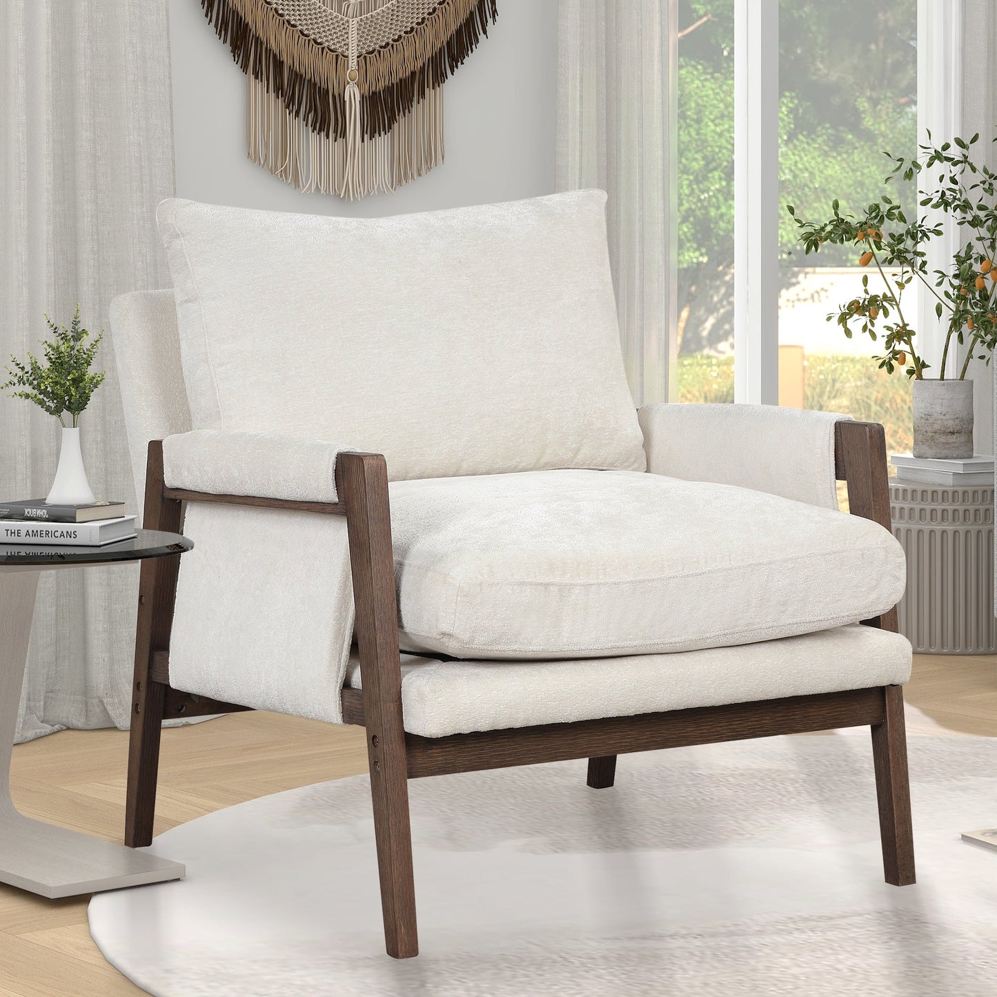 Kelly Mid-Century Modern Velvet Accent Armchair by HouseOfZazla, cream upholstery, dark wood on Tampa Home & Garden Store