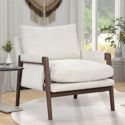 Kelly Mid-Century Modern Velvet Accent Armchair by HouseOfZazla, cream upholstery, dark wood on Tampa Home & Garden Store