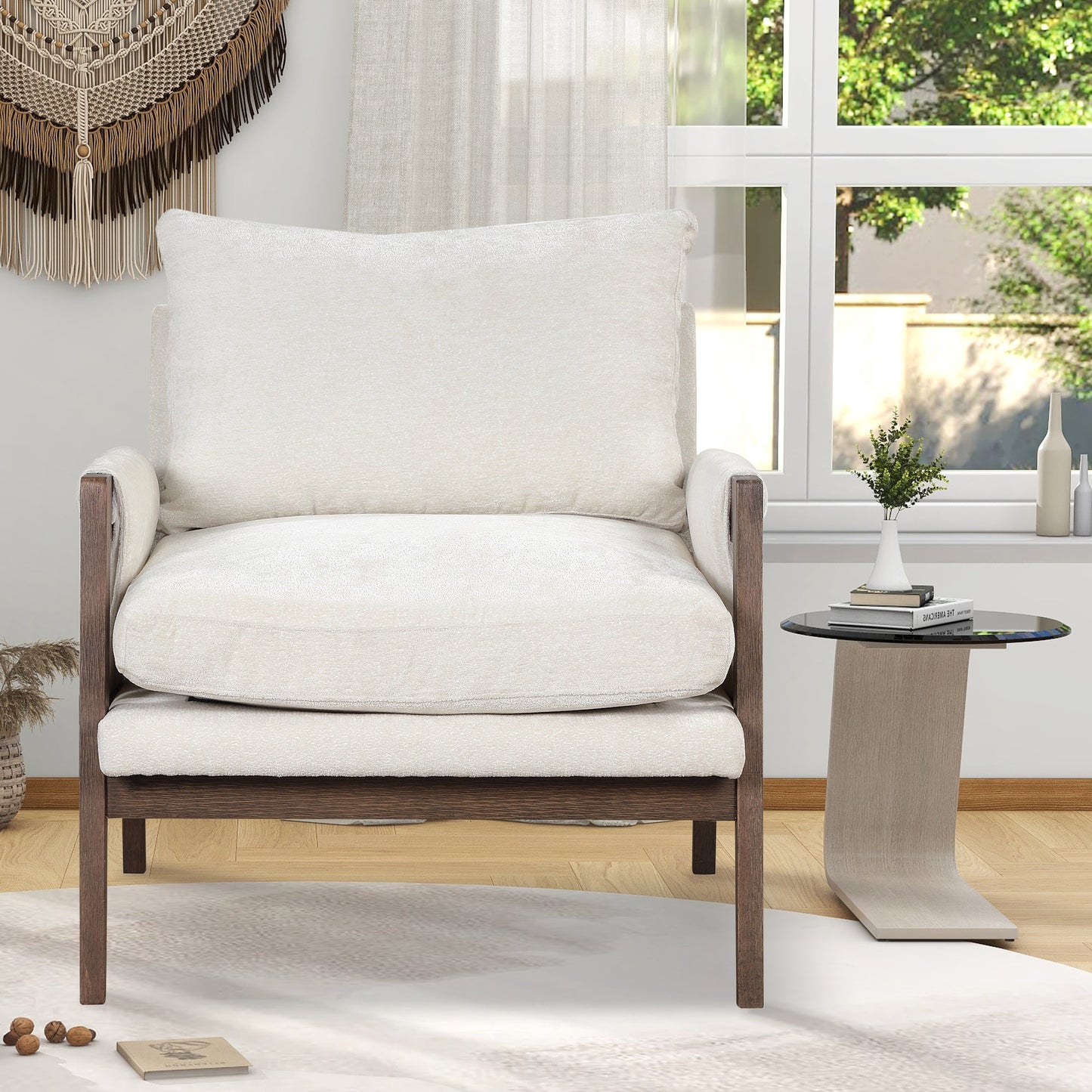 Kelly Mid-Century Modern Velvet Accent Armchair by HouseOfZazla in cream velvet with dark wood legs on Tampa Home & Garden Store