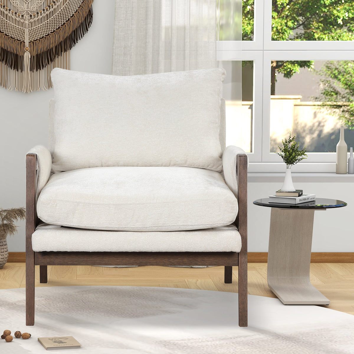 Kelly Mid-Century Modern Velvet Accent Armchair by HouseOfZazla in cream velvet with dark wood legs on Tampa Home & Garden Store
