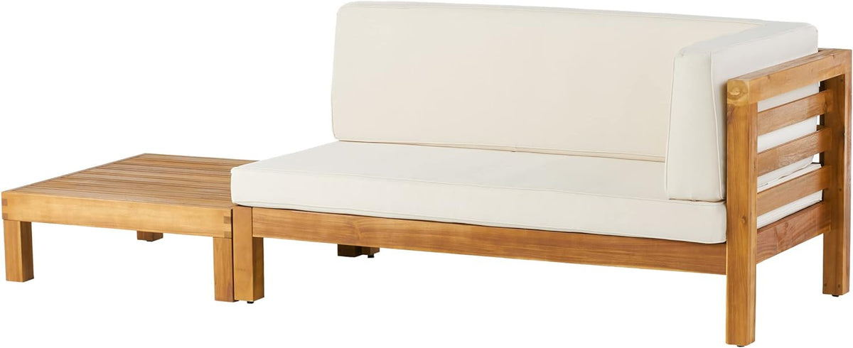 Acacia wood patio bench and coffee table set with cream cushions, natural finish 2-piece on Tampa Home & Garden Store