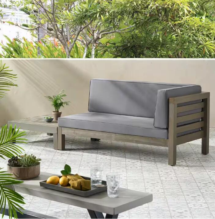 Acacia wood patio bench and coffee table set with gray cushions by HouseOfZazla on Tampa Home & Garden Store