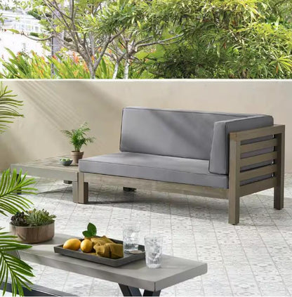 Acacia wood patio bench and coffee table set with gray cushions by HouseOfZazla on Tampa Home & Garden Store
