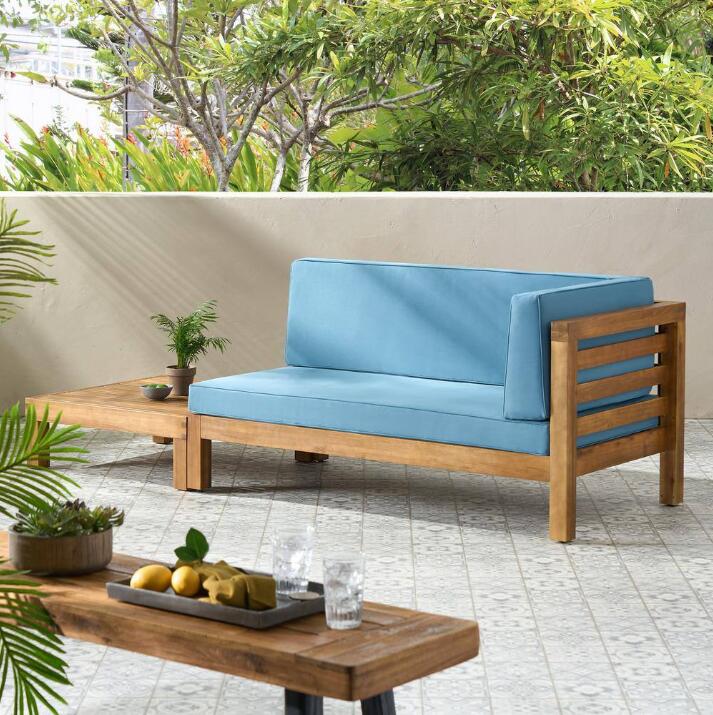Acacia wood patio bench and coffee table set with blue cushions, 2 pieces by HouseOfZazla on Tampa Home & Garden Store