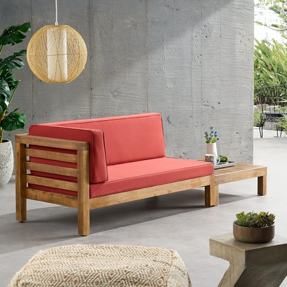 Oana Acacia Wood Patio Seating with Cushions by HouseOfZazla, red cushions, natural wood frame on Tampa Home & Garden Store
