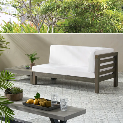 Acacia wood patio bench and coffee table with white cushions and gray frames HouseOfZazla on Tampa Home & Garden Store