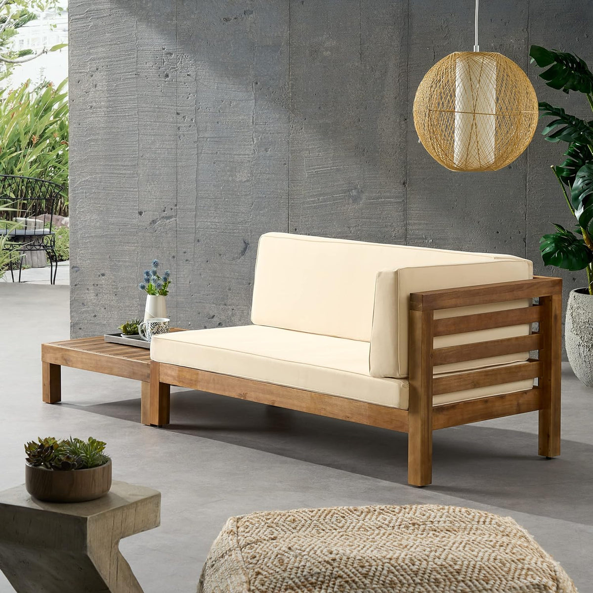 Acacia wood patio bench and coffee table set with cream cushions by HouseOfZazla on Tampa Home & Garden Store