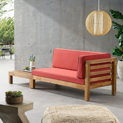 Acacia wood patio bench and coffee table set with coral cushions by HouseOfZazla on Tampa Home & Garden Store