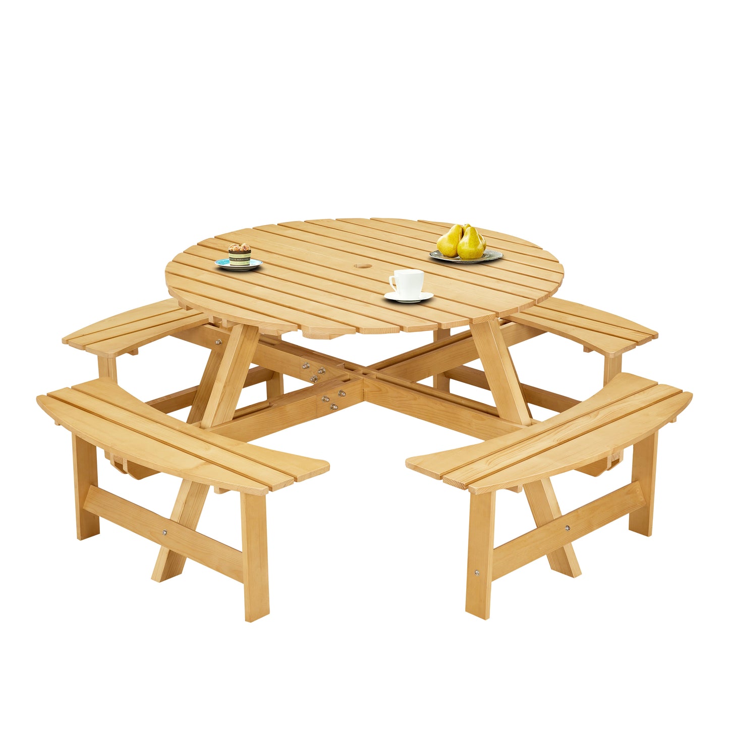 Outdoor 8 Person Round Picnic Table and Benches