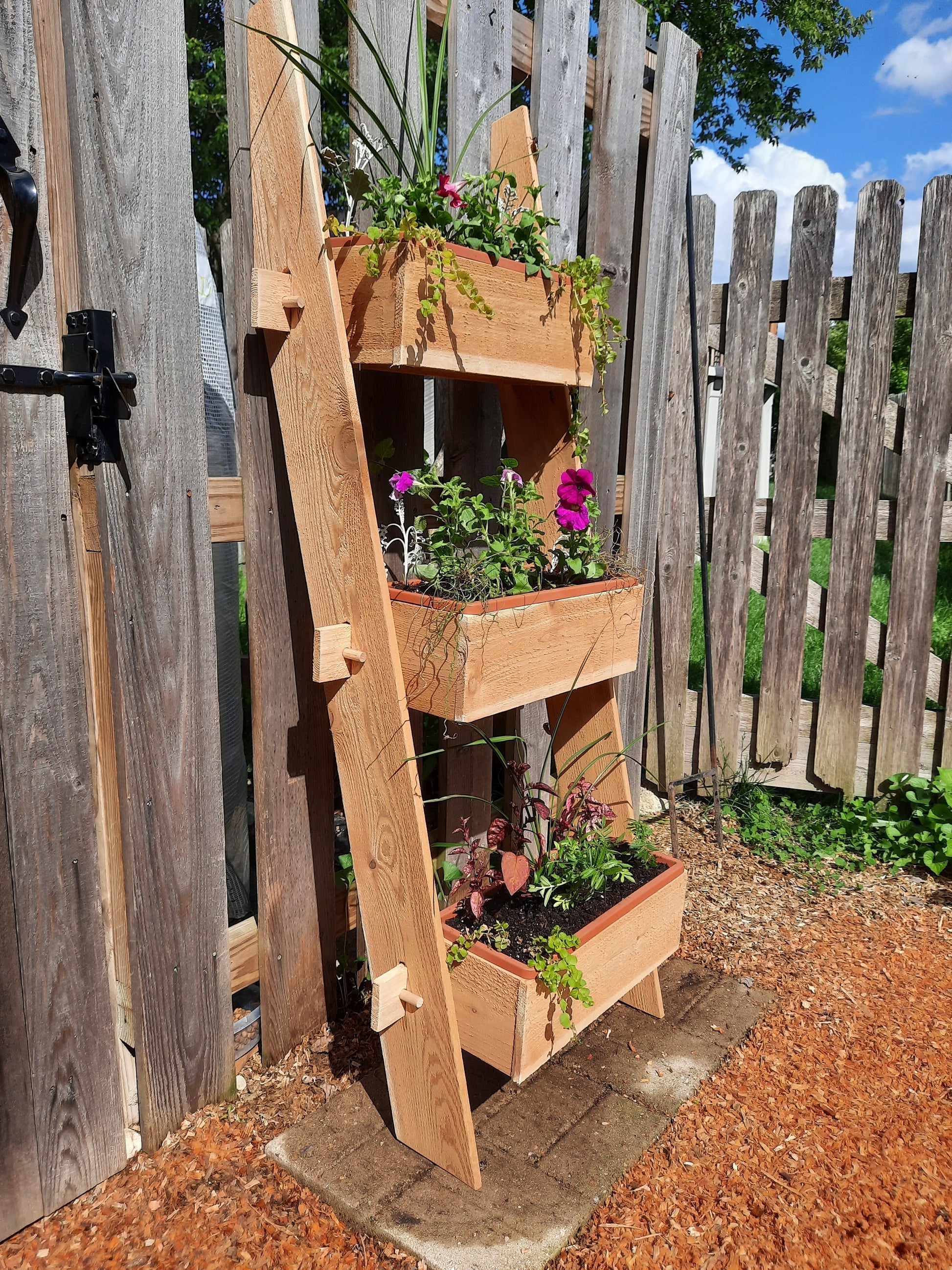 3-Tier Cedar Standing Planter Box on a wooden ladder stand with flowering plants Timberlane Gardens on Tampa Home & Garden Store