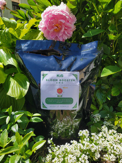 KiS Organics Bloom Booster 2-8-6 fertilizer bag, blue packaging, pink peony in greenery on Tampa Home & Garden Store