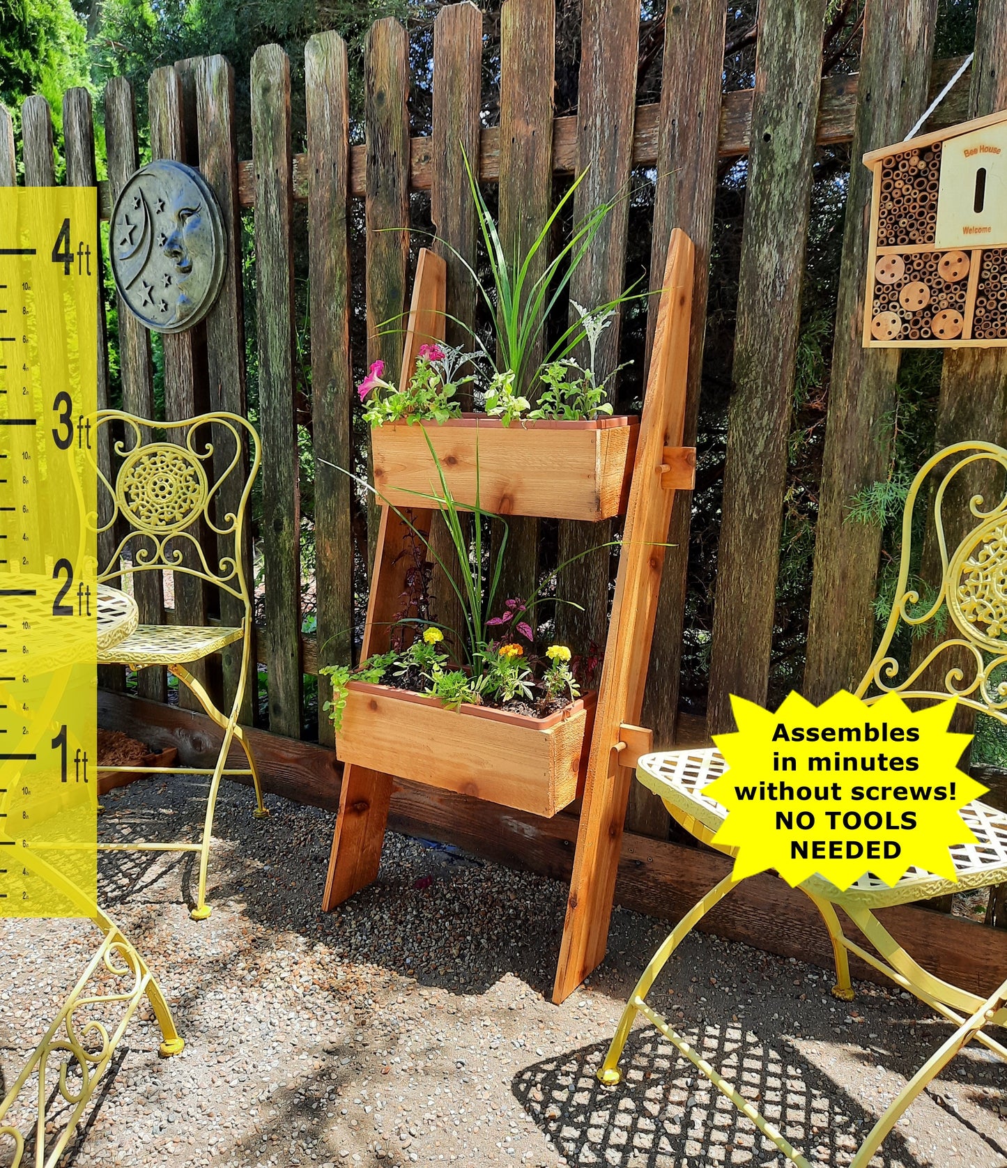 Timberlane Gardens 2-Tier Vertical Cedar Ladder Planter Box in natural cedar with flowers on Tampa Home & Garden Store