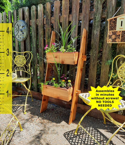 Timberlane Gardens 2-Tier Vertical Cedar Ladder Planter Box in natural cedar with flowers on Tampa Home & Garden Store