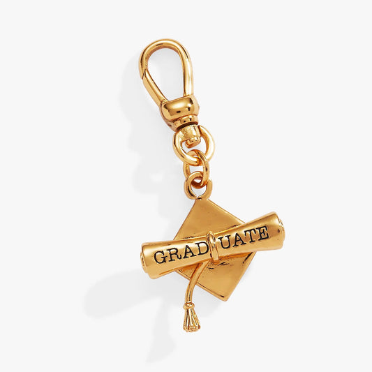 Gold-tone graduation cap fob clip bag charm with tassel on a linked chain on Tampa Home & Garden Store