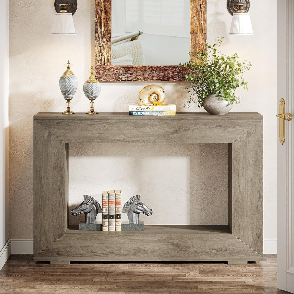 Narrow entryway console table in gray wood finish by HouseOfZazla with open shelf on Tampa Home & Garden Store