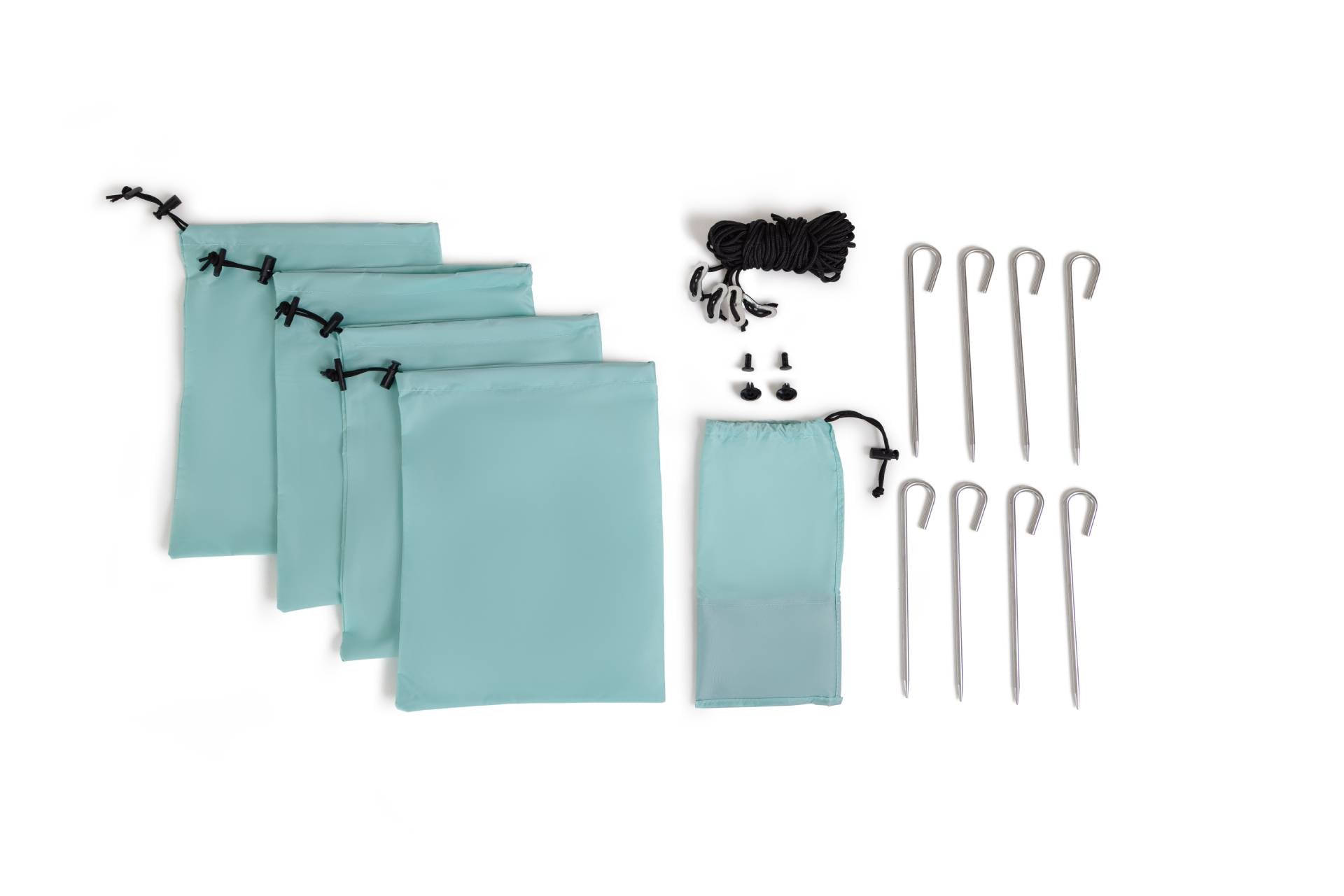 Pop 'N Go Canopy aqua fabric panels with metal stakes, ropes, hooks, and carry bag on Tampa Home & Garden Store