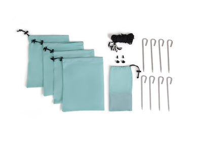 Pop 'N Go Canopy aqua fabric panels with metal stakes, ropes, hooks, and carry bag on Tampa Home & Garden Store