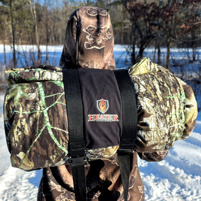 Heater Body Suit AP hunting jacket in woodland camo with black straps on Tampa Home & Garden Store