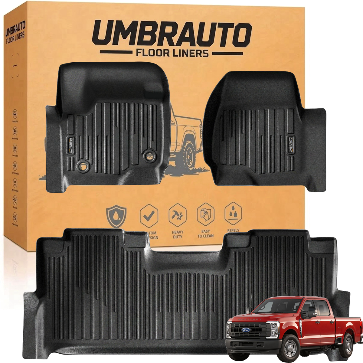 Umbrauto two front floor liners for Ford Super Duty crew cab; black allweather TPE mats on Tampa Home & Garden Store
