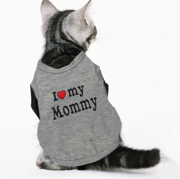 Pet vest gray all-poly with I heart my Mommy print on back worn by a cat on Tampa Home & Garden Store
