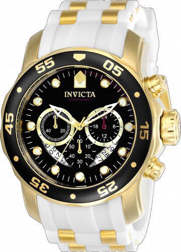 Invicta Pro Diver watch with gold-tone case, white/gold bracelet, black dial chronograph on Tampa Home & Garden Store